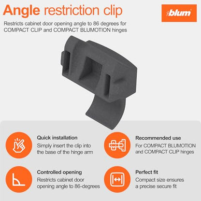 Blum 86° Opening Angle Restriction Clip, 10 Pack of 10 Clips, Plastic, Deep Gray, Compatible with Compact BLUMOTION & Compact Clip Hinges (10 Pack) - size: 10 Packs of 10 Clips