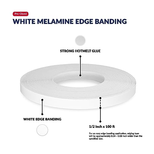 UNMAR White Edge Banding Melamine Iron On Tape Adhesive Wood Board Edging Strips Veneer Trim Laminate Cabinet Furniture MDF Plywood Formica Shelf Stick Countertop (1, White, 1/2 in x 100 ft) - size: 1/2 in x 100 ft