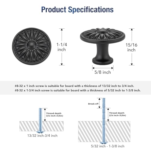 JOY DECOR Matte Black Cabinet Knobs Rosette Drawer Knobs 1-1/4 Inch 10 Pack - color: Matte Black