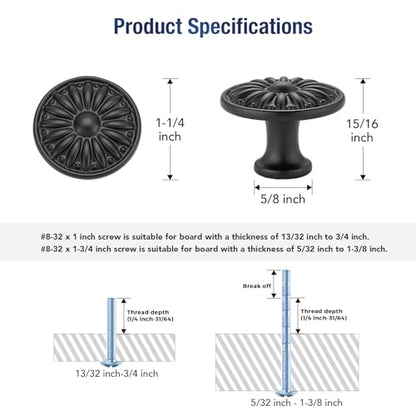 JOY DECOR Matte Black Cabinet Knobs Rosette Drawer Knobs 1-1/4 Inch 10 Pack - color: Matte Black