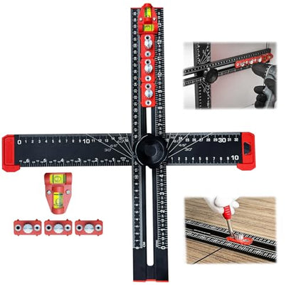 4-in-1 Drilling Positioning Ruler, Multi-Function T-Square，Adjustable 14 inches/35 cm, Woodworking Marking Tool, Cabinet Hole Drilling Template for Precise Drilling Angle Measurement and Marking