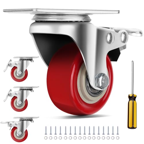 2" Orange Caster Wheel Set of 4, Swivel Plate Casters with Brake - color: Red, size: 2 IN