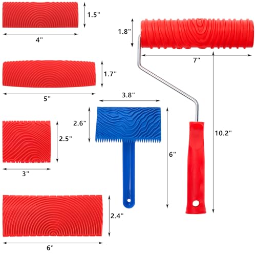 DEAYOU 6 PCS Wood Grain Tool Set, 7" Fake Wood Graining Roller, Soft Rubber Wood Textured Pattern Paint Tool with Handle for Wall Floor Furniture Art Painting DIY Room Decoration