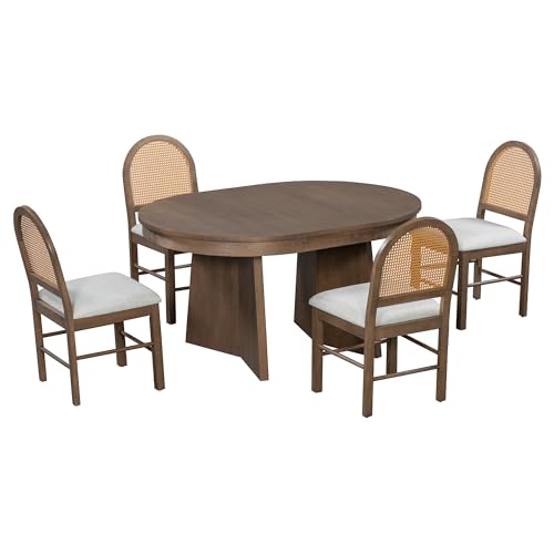 5-Piece Extendable Dining Table Set with 4 Rattan Back Chairs, Walnut - color: Beige,walnut