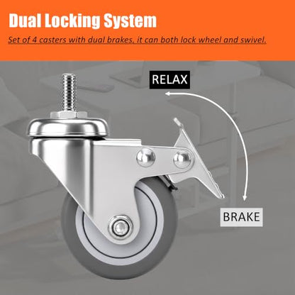 RILIDRI M8 Casters, 2 Inch Threaded m8-1.25 Caster Wheels with Locking Brakes, Set of 4 TPR Swivel Wheel for Standing Desk, 1KEA Carts, Rolling Cabinet - size: M8x15