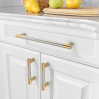 Amerdeco 10 Pack Brushed Nickel and Gold Knurled Cabinet Pulls 10" - color: Nickel Gold, size: 10" hole center