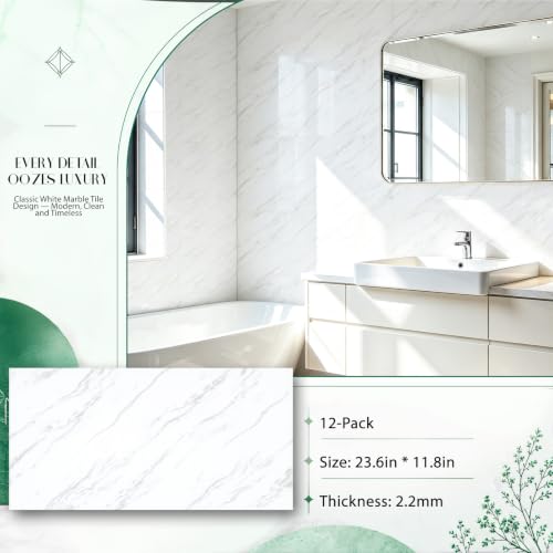 12Pcs Peel and Stick Backsplash White Marble Wall Tiles, 23.6” x 11.8” - color: White, size: 23.6" x 11.8" x 2.2mm