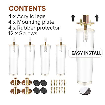 La Vane 6 inch Acrylic Tapered Furniture Legs with M8 Bolts & Plates,4PCS - size: 6"/15cm