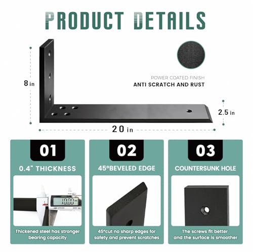 Countertop Support Brackets 2 Pack L Bracket Countertop Brackets 20" x 8" x 2.5" Heavy Duty 3/8" Thick Shelf Brackets Metal Corbels L Shape Bracket for Wood Shelf/Quartz/Granite/Concret Countertops - size: 20 Inch, style: Black-2 Pack
