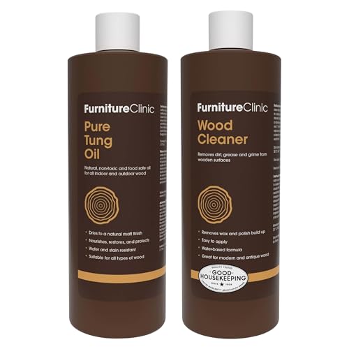 Furniture Clinic Pure Tung Oil for Wood 17 oz + Wood Cleaner 8.5 oz | Cleans Furniture, Shelves, Tables, Barstools & Other Surfaces | Non-Toxic Food Grade Water Resistant Tung Oil