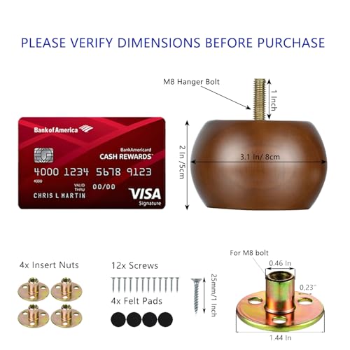 Maricome 2 Inch Bun Furniture Feet Walnut Round Solid Wooden Ottoman/Couch/Sofa Legs Set of 4 Pre-drilled M8 Bolt with Metal Brackets - color: Brown