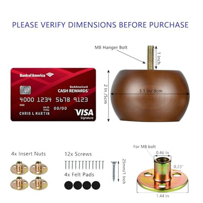 Maricome 2 Inch Bun Furniture Feet Walnut Round Solid Wooden Ottoman/Couch/Sofa Legs Set of 4 Pre-drilled M8 Bolt with Metal Brackets - color: Brown