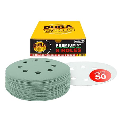 Dura-Gold 5" Green Film Sandpaper Discs, 1500 Grit, 8 Hole Pattern 50 Discs - size: 1500-Grit - Green Film