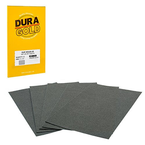 Dura-Gold 5-1/2" x 9" Wet or Dry Sandpaper Sheets, 220 Grit, Box of 25 - size: 220-Grit