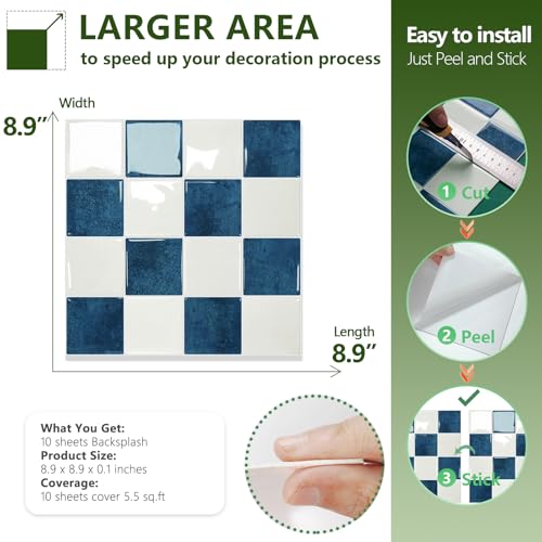 STICKGOO 10 Sheets Peel and Stick Backsplash - 9" x 9" 5D Adhesive Peel and Stick Tile Backsplash for Kitchen&Bathroom - color: White,Blue