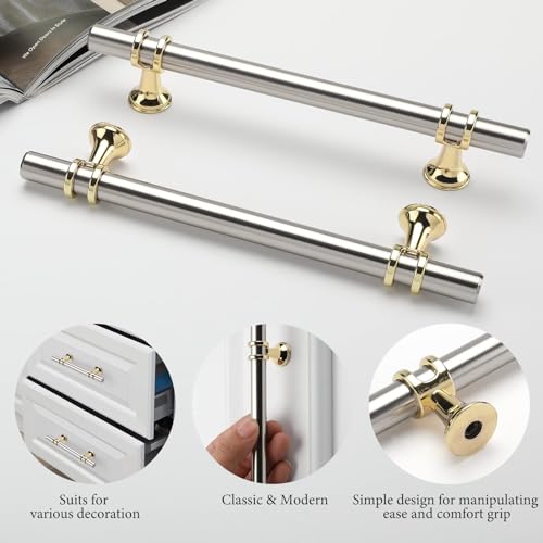 Kitchen Cabinet Handles 7-1/2 Inch 10 Pack, Brushed Nickel and Gold Cabinet Pulls, Silver Gold Drawer Pulls for Dresser Bathroom Two Tone Kitchen Hardware, Zinc Alloy Base - color: Brushed nickel&Gold, size: Hole Center:7-1/2 Inch(192mm)