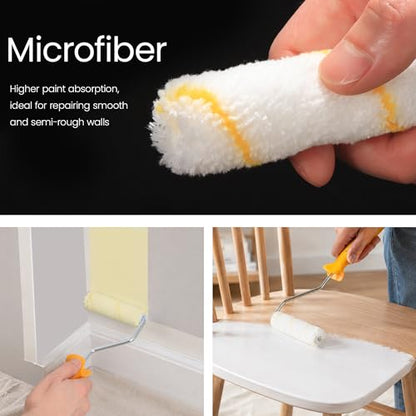 Voomey 4-Inch Mini Paint Roller Set – Microfiber & Mohair Rollers, 2-Inch Angle Brush, 4-Inch Roller Frame for Cabinets, Furniture, Baseboards & Trim - size: 4inch 15pcs