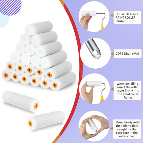 Nuogo 40 Pcs Foam Paint Roller Covers 4 Inch Small High Density Paint Roller Mini House Paint Rollers for Painting Wall Ceiling Cabinet Cupboard Door, White