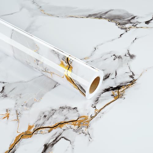 Glossy White/Grey Marble Contact Paper for Kitchen Counter Top Peel and Stick Waterproof Marble Wallpaper 17.7"x120" Self Adhesive Modern White Countertop Contact Paper for Bathroom Cabinets - size: 17.7" x 120"