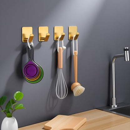 DELITON Adhesive Hooks - 4 Pack Gold Towel Hooks for Hanging Coat/Robe, Heavy Duty Stick on Wall for Bathroom and Kitchen - color: Gold