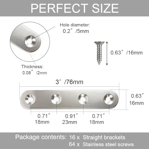 16 Pack 3 Inch Stainless Steel Straight Flat Brace Mending Plates - size: 16 Pcs/ 3” x 0.63”