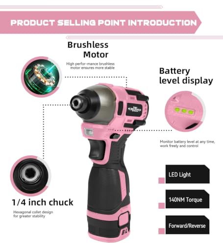 140Nm 17V Brushless Impact Screwdriver with 2 Batteries (Pink) - color: Pink, size: 17V Brushless Screwdriver