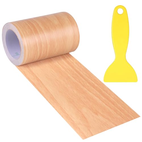 4" X33' Size Realistic Wood Grain Repair Tape, Self Adhesive Wood Grain Repair Patch for Tables, Chairs, Doors, Windows, Floors, Furniture Renovation, Handicraft DIY. & Plastic Scraper. Natural Oak - color: Natural Oak