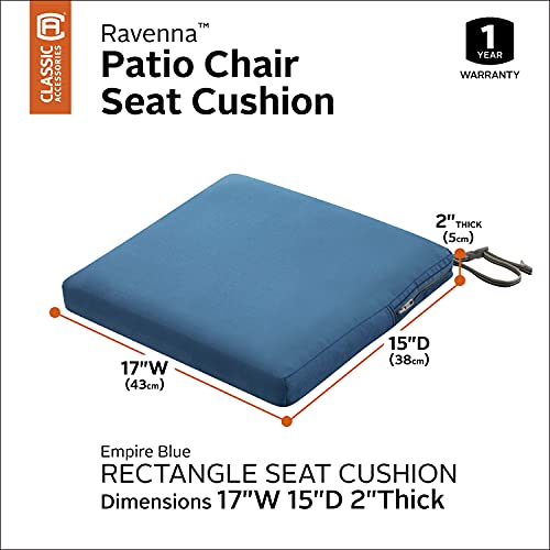 Classic Accessories Ravenna Water-Resistant 17 x 15 x 2 Inch Patio Seat Cushion, Empire Blue, Chair Seat Cushion - color: Empire Blue, size: 17"W x 15"D x 2"Thick