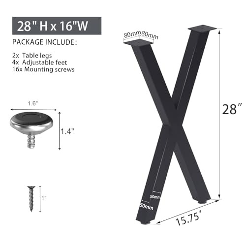 Taelakeni 28 Inch Metal Dining Desk Table Legs, Heavy Duty Industrial Style Table Leg with Adjustment Feet Pads, X Shape - color: Black, size: 28 IN
