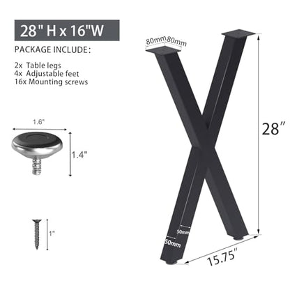 Taelakeni 28 Inch Metal Dining Desk Table Legs, Heavy Duty Industrial Style Table Leg with Adjustment Feet Pads, X Shape - color: Black, size: 28 IN
