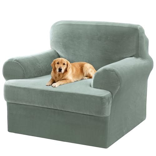 2 Pieces T Cushion Chair Covers with Arms Thick Velvet Couch Cover Stretch T Cushion Sofa Covers for Living Room Chair Cover with Individual T Cushion Covers , Washable (1 Cushion Chair, Sea Grass) - color: Sea Grass, size: Armchair (1 Cushion)