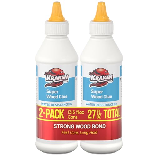 Kraken Bond D2 White Super Wood Glue - (2x13.5 fl.oz) PVA Heavy Duty Wood Glue for Repair, Woodworking, Furniture Assembly & Creative Crafts - Clear Drying Water Based Carpenter Glue - 2 Pack - size: 2 Pack, style: D2 PVA Wood Glue