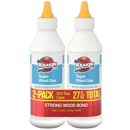 Kraken Bond D2 White Super Wood Glue - (2x13.5 fl.oz) PVA Heavy Duty Wood Glue for Repair, Woodworking, Furniture Assembly & Creative Crafts - Clear Drying Water Based Carpenter Glue - 2 Pack - size: 2 Pack, style: D2 PVA Wood Glue