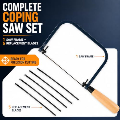 Coping Saw Frame Set with 5 Replacement Blades for Wood, Metal & Plastic