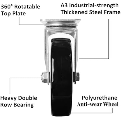 Finnhomy 5 Inch Caster Wheels Set of 4 Heavy Duty Plate Swivel Casters Polyurethane Wheels for Furniture/Workbench Premium PU Industrial Wheels 3,000 Lbs Anti-wear Smooth Casters Black (Free Screws) - style: 5" (No Brake)