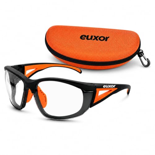 Brand, Safety Glasses Industrial Quality, Orange Frame, Clear High Impact Anti-Fog Anti-Scratch, ANSI Z87 EN 166 Certified UV400 Protective Eyewear, Soft Nose with Sturdy Orange Case (1 Piece)
