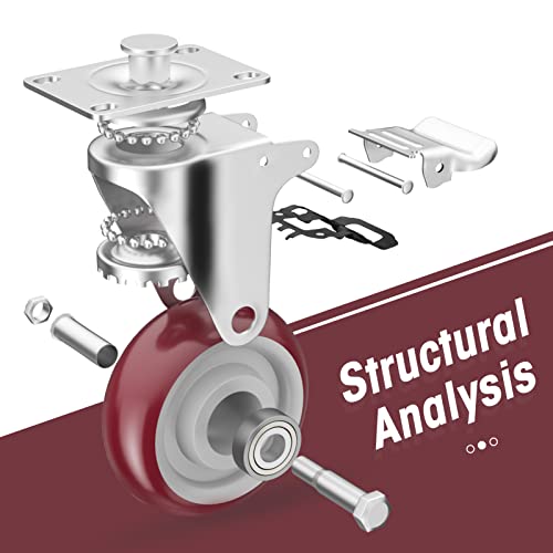 4" Heavy Duty Plate Casters with Brake, Set of 4 - color: Red, size: 4 inch