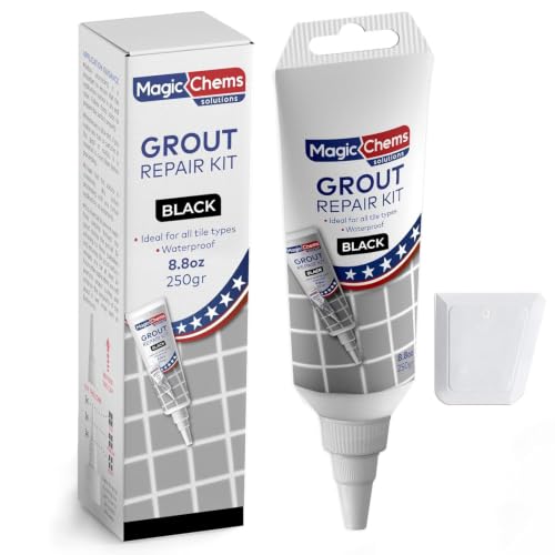 Magic Chems Tile Grout Repair, Black 8.8 oz/250gr. Fast Drying Grout Repair Kit, Grout Filler Tube Repair Kit, Tile Grout Paint, Grout Sealer Restore and Renew Bathroom Floor, Tile Gaps, Joints, Lines - color: Black, size: 1 Pack