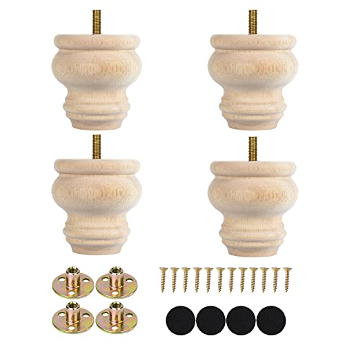 Michanco 3 Inch Unfinished Bun Feet Set of 4 Wood Furniture Legs Replacement Wooden Legs for Sofa Couch Cabinet Ottoman - color: 3 Inch Unfinished