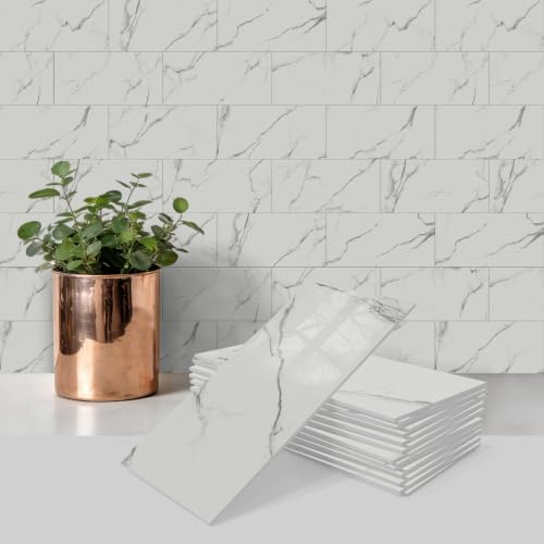 URCOLOR 102-Piece Peel and Stick Backsplash Tiles, 3" x 6"Misty White Gray Glossy Tile, Stick on Backsplash for Kitchen, Bathroom, Camper, Fireplace - color: Misty White Gray