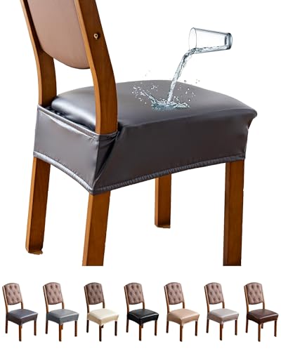 Genina Dining Chair Covers Set of 2, Waterproof PU Leather Dining Seat Covers Stretch Wipeable Dining Room Seat Cover Kitchen Chair Slipcover Protector (Rear-Covered Design, Charcoal Gray) - color: Charcoal Gray, size: Rear-Covered 2PCS
