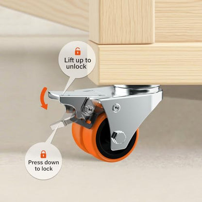 2" Double Wheel Casters with Brake (4 Pack) - color: Orange