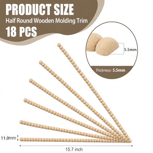 18-Pack 15.75 Inch Unfinished Beaded Wood Trim Molding (Wide 11mm) - size: 11mm