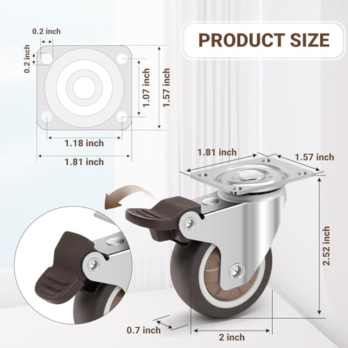 Caster Wheels 2 Inch - 2 Fixed & 2 Swivel with Brakes Casters Set of 4, Silent Rubber Casters Non Marking Castor Wheels for Furniture, Plate Swivel Caster for Indoor and Outdoor Use - size: 2 INCH (2 RIGID & 2 SWIVEL)