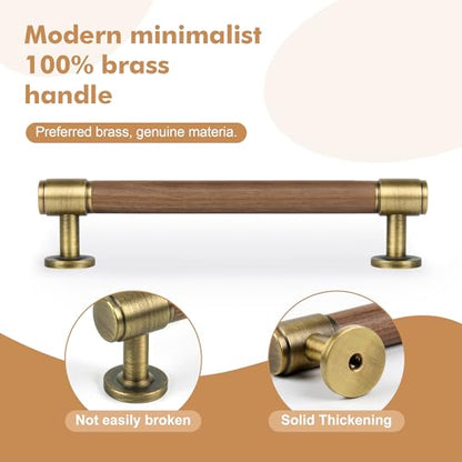 SALISENG-5 Pack Walnut Wood and Antique Brass Kitchen Cabinet Pulls,5 Inch Brass Dresser Drawer Handles, Modern Furniture Pulls for Cupboard Wardrobe Closet Cabinet Hardware - size: 5 Inch Hole Center