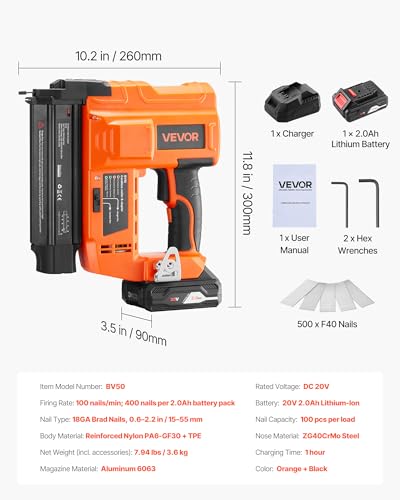 VEVOR Cordless Brad Nailer, 18 Gauge, 20V Battery Powered Nail Gun, with 500 pcs Nails, 2.0 Ah Li-ion Battery and Charger, Adjustable Nailing Depth, for Home Improvement, Woodworking, DIY Project - size: 18 Gauge - 1 Battery