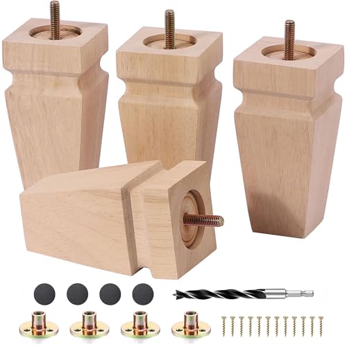 Unfinished Oak Sofa Legs - Heavy Duty Mid Century Solid Wood Replacement Furniture Legs Set of 4 for Couch, Table, Bench, Bed, Dresser, Chair - with Installation Hardware (Natural 6"H*2.75"W) - color: Plain Wood Color, size: 6"H*2.75"W