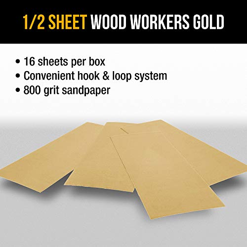 Dura-Gold Premium 1/2 Sheet Gold Sandpaper Sheets, 800 Grit (Box of 16) - size: 800-Grit