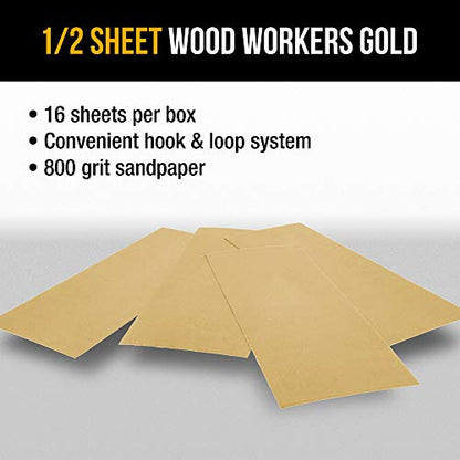 Dura-Gold Premium 1/2 Sheet Gold Sandpaper Sheets, 800 Grit (Box of 16) - size: 800-Grit