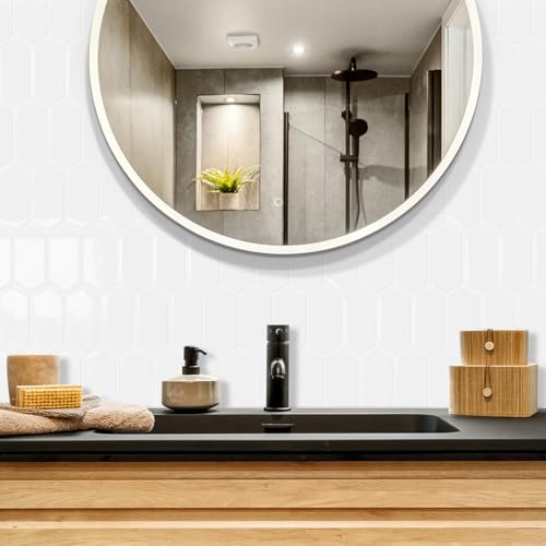 10-Sheet Long Hexagon Peel and Stick Kitchen Backsplash Tiles - color: White